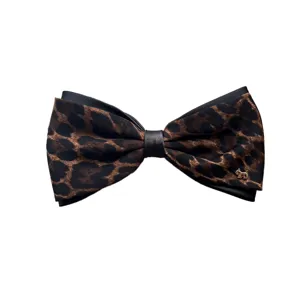 Leopard print bow hair clip for women, elegant retro design with cute puppy metal charm.