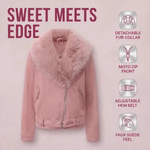 Chaqueta de moto de ante sintético para mujer con cuello de pelo desmontable y cálida.