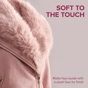 Mujer invierno cálido rosa gamuza sintética chaqueta con cuello de piel abrigo casual top