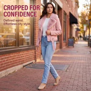Chaqueta corta elegante de mujer con cuello de pelo sintético y vaqueros casual.