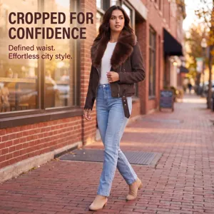 Chaqueta corta elegante de mujer con cuello de pelo y vaqueros para otoño e invierno.