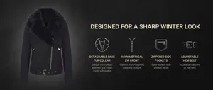 Chaqueta de invierno negra para mujer con cuello de pelo sintético y cierre asimétrico.