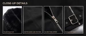 Primer plano de los detalles de la chaqueta de mujer con cuello de piel sintética y cremallera.