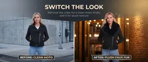 Chaqueta de moto negra para mujer con cuello de piel sintetica extraible otono invierno