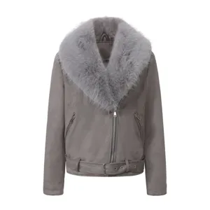 Mujer chaqueta de ante sintético gris con cuello de pelo mullido abrigo cálido de invierno