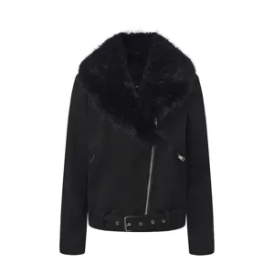Chaqueta de motociclista con cuello de piel sintética negra abrigo de invierno cálido