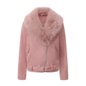 Chaqueta de ante rosa para mujer con cuello de piel sintética, abrigo de invierno cálido.