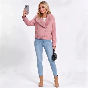 Vista detallada de la elegante chaqueta motera rosa con cuello de pelo sintético en el estudio.