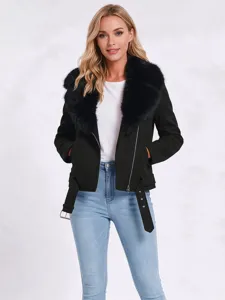 Chaqueta de moto negra de piel sintética mujer top de invierno cálido casual manga larga
