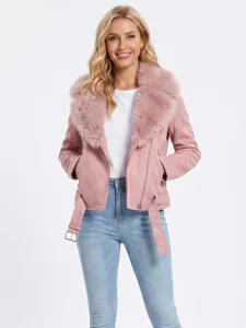Chaqueta biker de ante rosa para mujer con cuello de Piel sintetica, abrigo de invierno