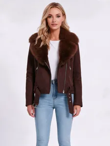 Mujer chaqueta motero cuello piel sintética marrón invierno cálido abrigo casual