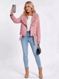 Chaqueta de mujer rosa de ante con cuello de pelo invierno cálido top de manga larga