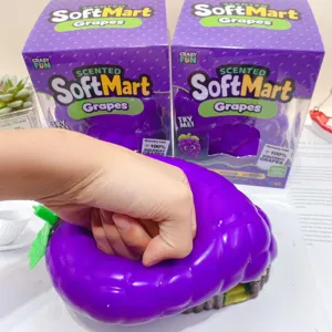 Purple grape squeeze toy detail view, sensory stress relief toy with scented gift box packaging for kids.
