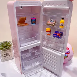 Cute mini pink toy refrigerator blind box set with miniature food accessories for kids play house.