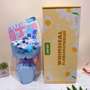 Detailed close-up of a creative fabric pen bouquet in vibrant dopamine colors with gift box.