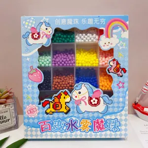 Water mist beads refill kit detail view, colorful DIY sticky beads in partitioned storage box.