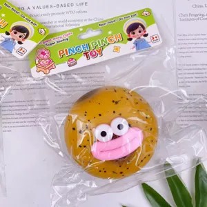 Detail shot of the funny big-eyed squishy toy, soft touch stress relief toy in pack.