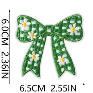 Green and white checkered bow embroidered patch with daisy flowers, iron on DIY craft badge.
