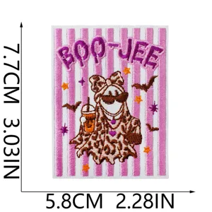 Detailed view of the Halloween ghost embroidered patch with dimensions, cute leopard print design.