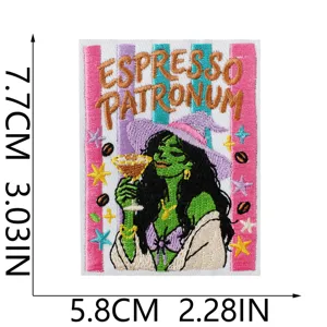 Embroidered patch featuring a green witch drinking coffee with espresso patronum text design.