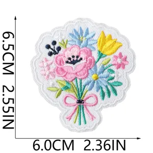 Exquisite floral bouquet embroidery patch detail showing vibrant threads and clean edge.