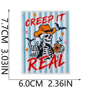Detailed view of the Halloween skeleton cowboy embroidered patch with clear size markings.