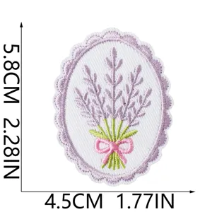 Lavender bouquet embroidered patch detail showing stamp shaped floral design and dimensions.