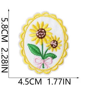 Beautiful floral stamp embroidered patch with sunflowers and bow, iron-on decorative badge.