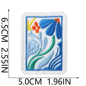 Embroidered patch detailed view, beautiful blue floral stamp design, fabric accessory for DIY jeans.