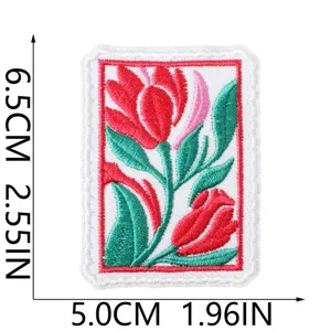 Embroidered patch floral stamp design, decorative badge accessory measuring 6.5x5.0 cm.