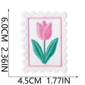 Pink tulip embroidered patch stamp shape iron on clothing jacket DIY badge 6x4.5cm