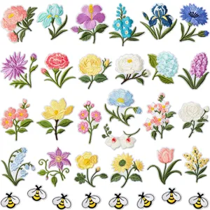 Pastoral Embroidered Flower Patch Peony Tulip Bee Iron On Applique For Jeans Jacket DIY Decorative Cloth Patches