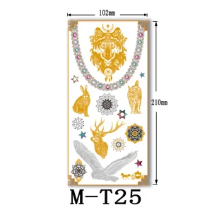 Metallic temporary tattoo sheet with wolf and animal designs, waterproof body art sticker for women.