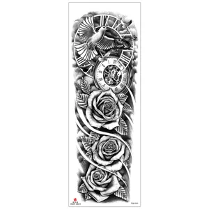 Waterproof temporary tattoo sticker full arm black rose clock design for men and women
