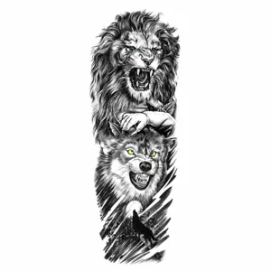 Full arm waterproof temporary tattoo sticker for men women, black realistic lion wolf design