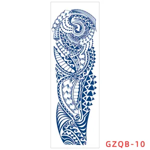 Tattoo sticker detail view, blue tribal full arm design, semi-permanent waterproof style.