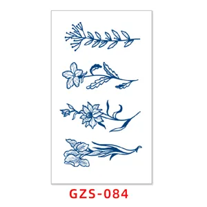 Foglio di adesivi per tatuaggi temporanei alle erbe con simpatici fiori botanici blu.