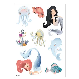 Kids waterproof temporary tattoo stickers sheet featuring cute cartoon mermaids and ocean animals.