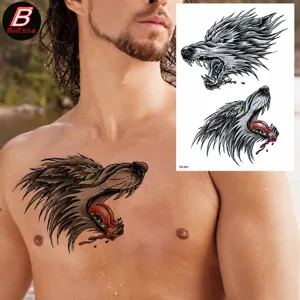 Waterproof temporary tattoo sticker for men, cool wolf head design body art sticker for arm chest.