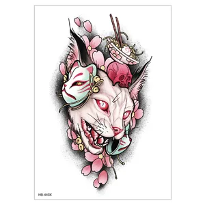 Waterproof temporary tattoo sticker featuring a cool cat, kitsune mask, and cherry blossoms.