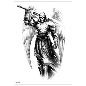 Waterproof temporary tattoo sticker featuring a fierce winged knight holding a sword. Perfect style.
