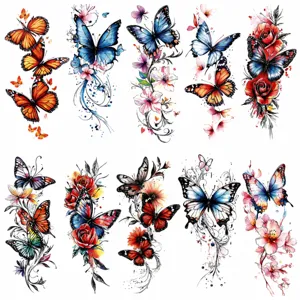 Waterproof temporary tattoo sticker sheet featuring colorful butterfly and flower designs for arm.