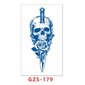 Herbal juice temporary tattoo sticker with skull dagger and rose design, waterproof.