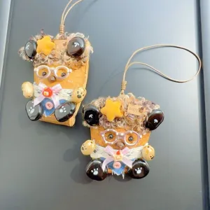 Handcrafted cute toast bear bag charm and car hanging pendant with creative fuzzy plush details and glasses.