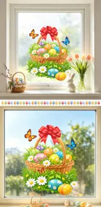Detalle de pegatina de ventana de Pascua con cesta de huevos coloridos y diseño de hierba floral.