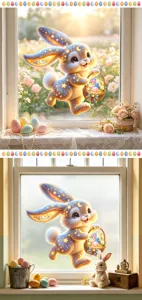 Adhesivo de ventana de Pascua con un conejo cosmico y cesta de huevos para cristal.