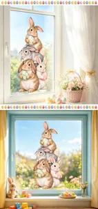Adhesivo para ventana de conejo de pascua, lindo conejo apilado y huevos cristal.