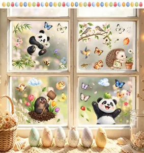 Dettaglio adesivo per finestra statico di animali di Pasqua con panda carini e fiori primaverili.