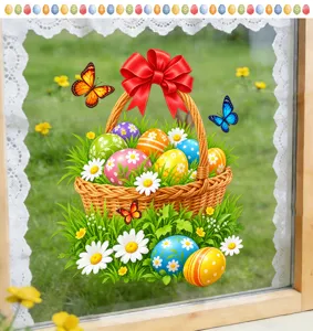 Pegatina de ventana estática de cesta de madera de huevo de Pascua, decoración festiva.