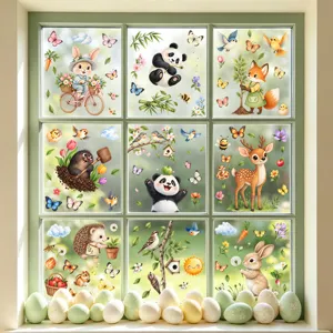 9 Fogli Adesivi per Finestre Animali Cartoni Animati Pasqua Coniglio Panda Adesione Statica PVC Vetro per Decorazioni Pasquali